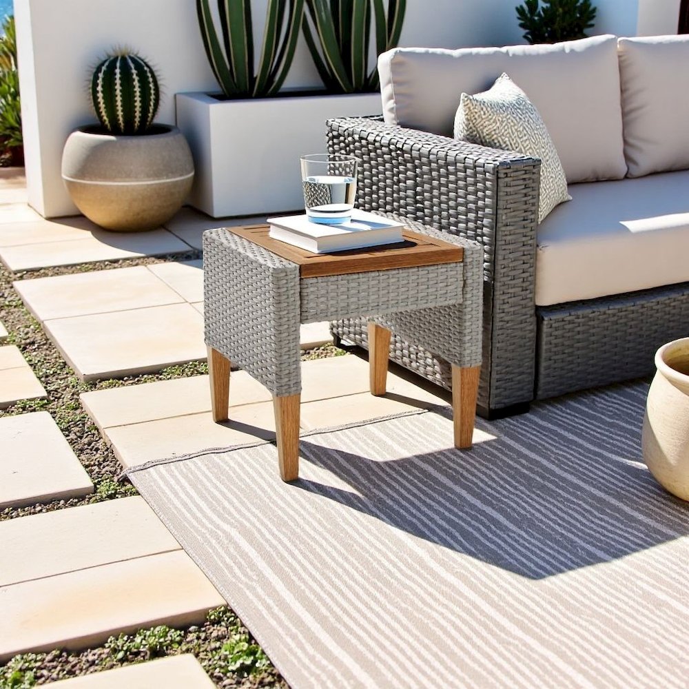 Gray Outdoor Wicker Side Table with Steel Frame for Patio Use. Picture 2