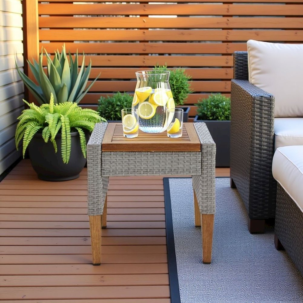 Gray Outdoor Wicker Side Table with Steel Frame for Patio Use. Picture 3