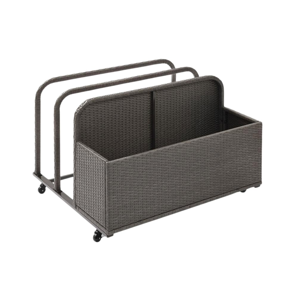 Gray Wicker Pool Cart with Caster Wheels for Pool Float and Toy Storage. Picture 1