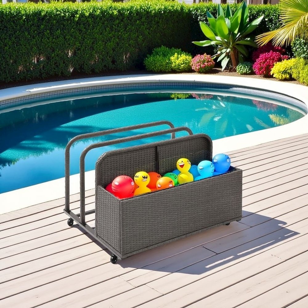 Gray Wicker Pool Cart with Caster Wheels for Pool Float and Toy Storage. Picture 2