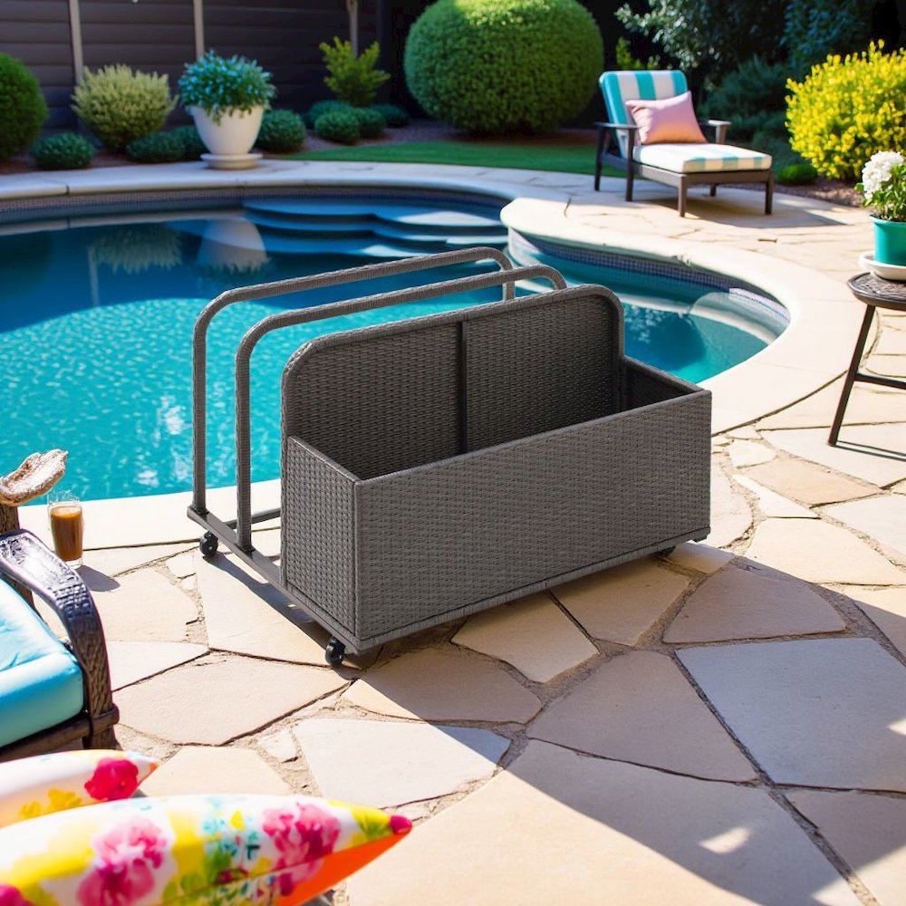 Gray Wicker Pool Cart with Caster Wheels for Pool Float and Toy Storage. Picture 3