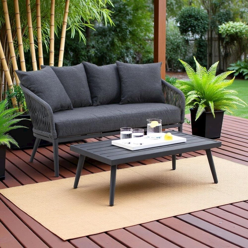 Gray Wicker Outdoor Loveseat and Coffee Table Patio Furniture Set for Two. Picture 2