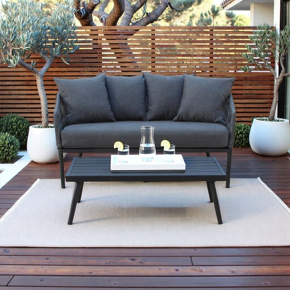 Gray Wicker Outdoor Loveseat and Coffee Table Patio Furniture Set for Two. Picture 3