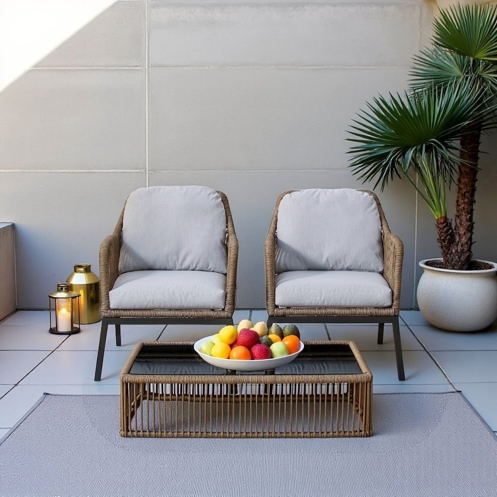 Light Brown Wicker Outdoor Patio Chairs Set of 2 with Cushions for Porch. Picture 3