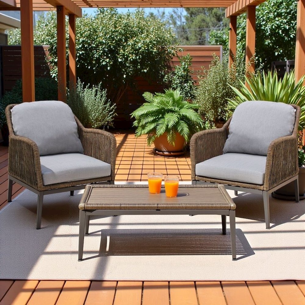 Light Brown Wicker Outdoor Patio Chairs Set of 2 with Cushions for Porch. Picture 2