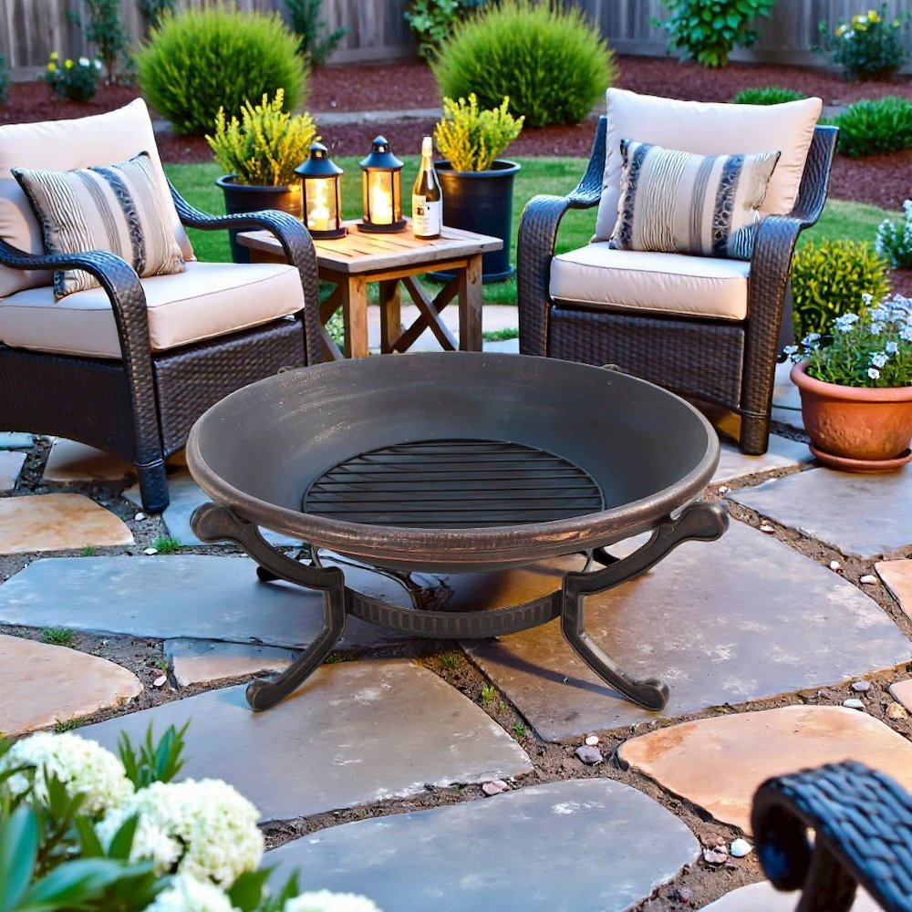 Black Outdoor Fire Pit for Outside Wood Burning with Spark Screen Cover & Poker. Picture 3