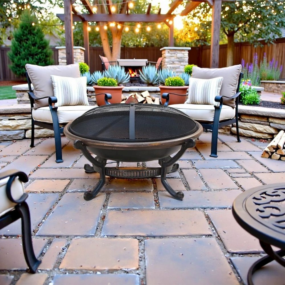 Black Outdoor Fire Pit for Outside Wood Burning with Spark Screen Cover & Poker. Picture 2