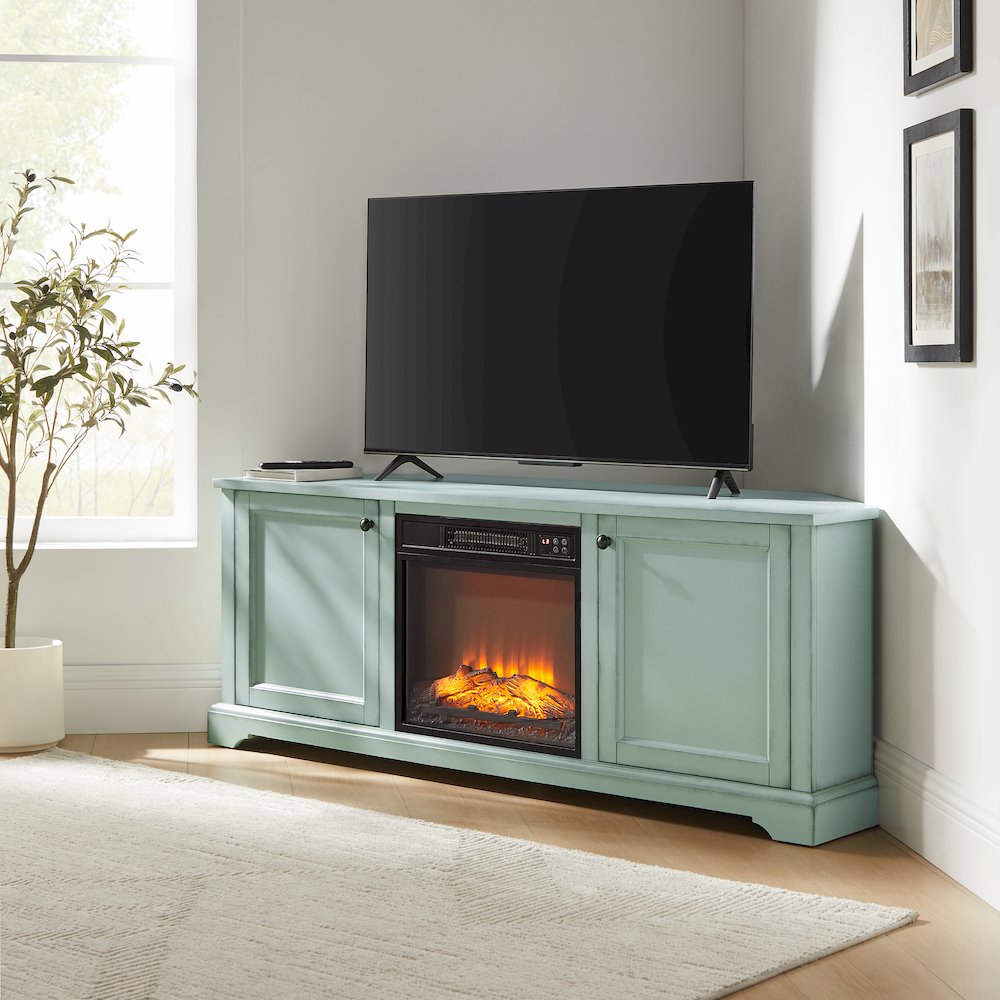 Holbrook Corner Fireplace Tv Stand For 65" Tv Distressed Seafoam Blue. Picture 5