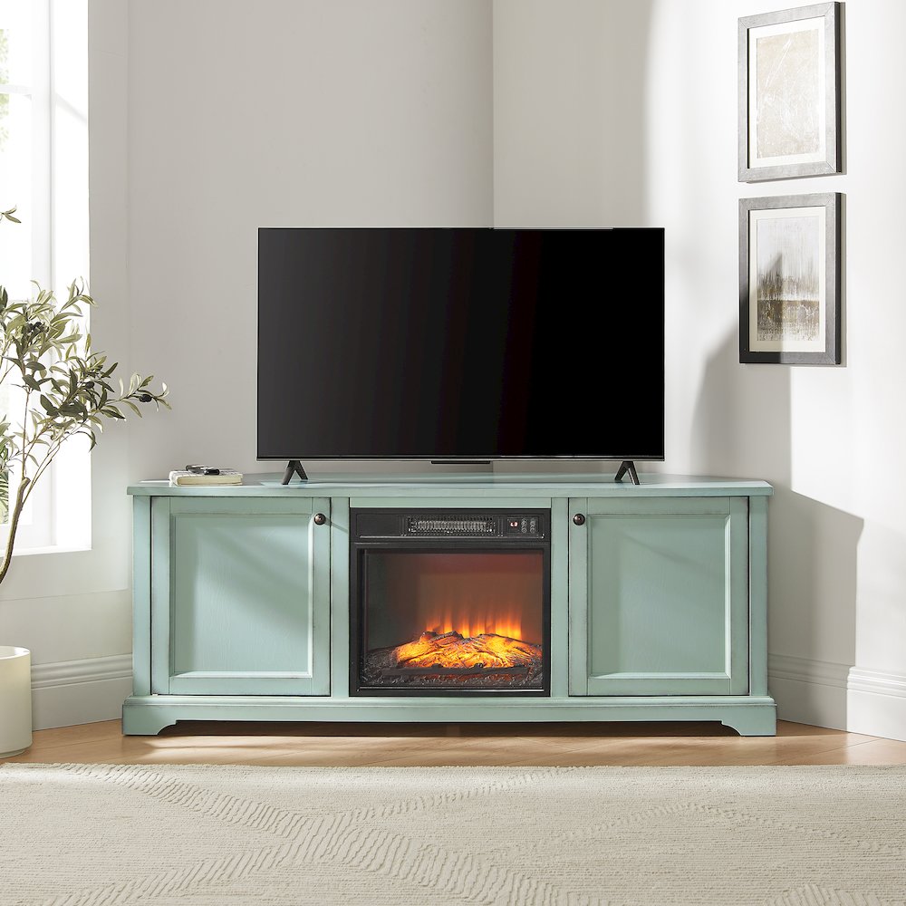 Holbrook Corner Fireplace Tv Stand For 65" Tv Distressed Seafoam Blue. Picture 6