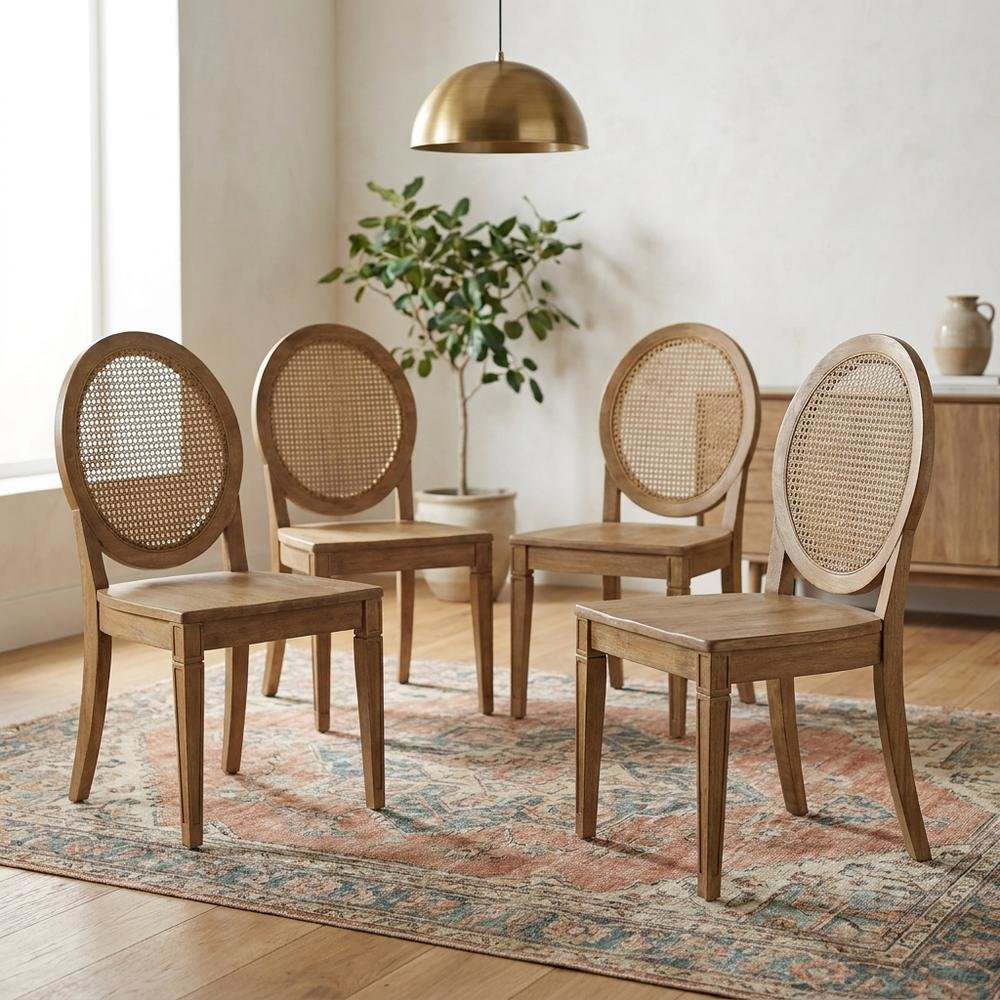 Set of 4 Cane-Back Dining Chairs with Wooden Frame and Comfort Seats. Picture 2