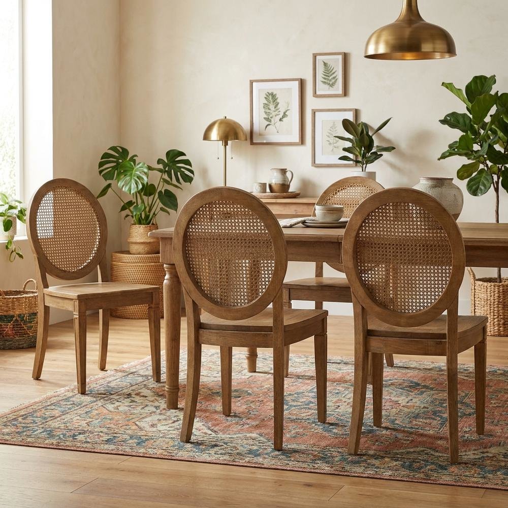 Set of 4 Cane-Back Dining Chairs with Wooden Frame and Comfort Seats. Picture 3