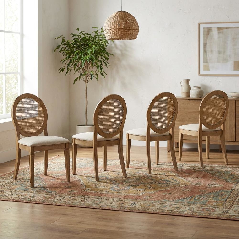 Cane-Back Dining Chair Set with Creme Accents, Upholstered Seats, 4 Pieces. Picture 3