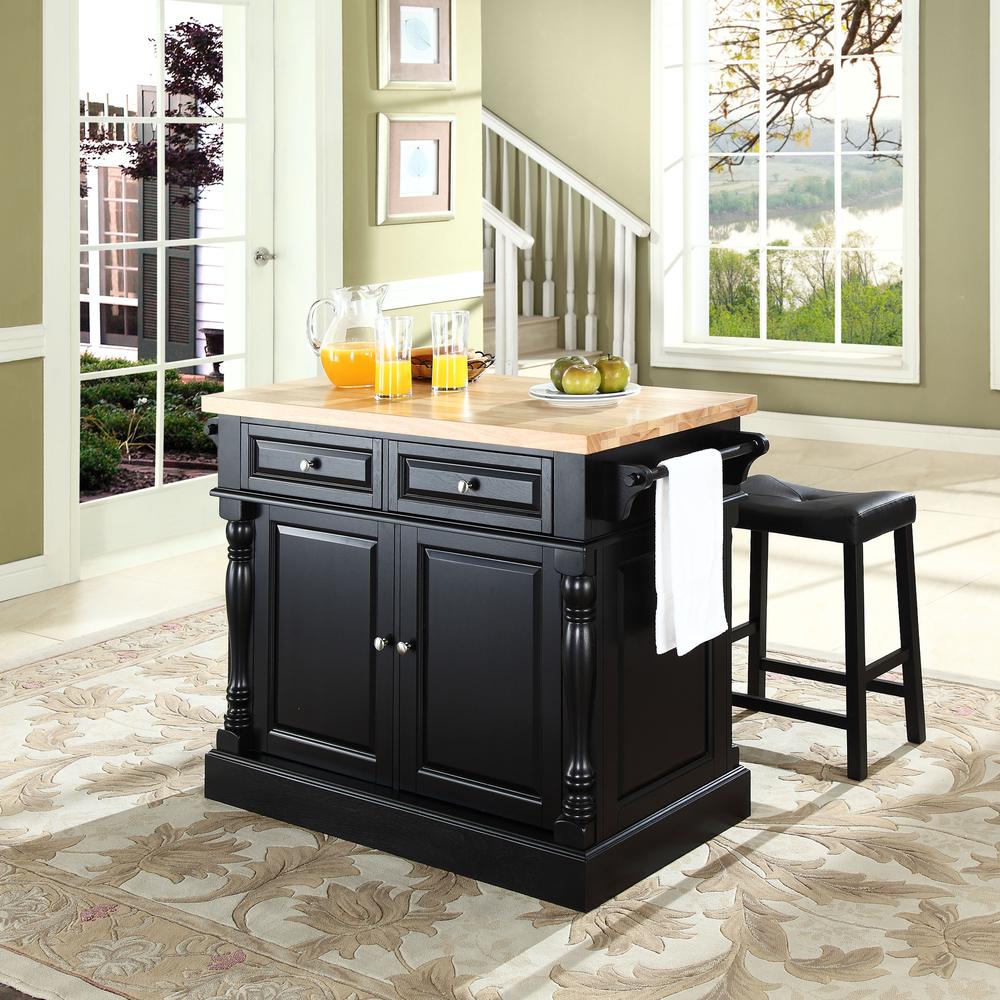 Oxford Kitchen Island W/Upholstered Saddle Stools Black - Kitchen Island, 2 Counter Height Bar Stools. Picture 2