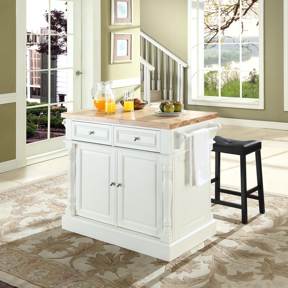 Oxford Kitchen Island W/Saddle Stools, Kitchen Island, 2 Counter Bar Stools. Picture 2