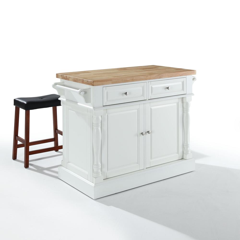 Oxford Kitchen Island W/Saddle Stools, Kitchen Island, 2 Counter Bar Stools. Picture 1
