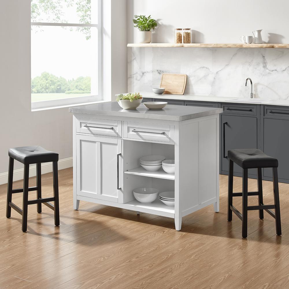 Silvia Stainless Steel Top Island W/Uph Saddle Stools, Kitchen Island & 2 Stools. Picture 3