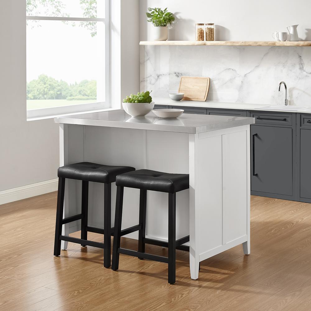 Silvia Stainless Steel Top Island W/Uph Saddle Stools, Kitchen Island & 2 Stools. Picture 4