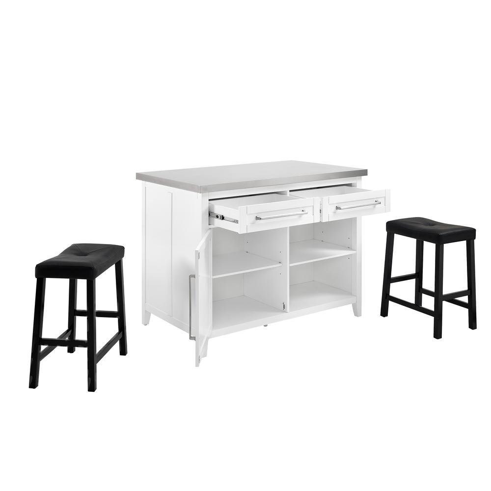 Silvia Stainless Steel Top Island W/Uph Saddle Stools, Kitchen Island & 2 Stools. Picture 7