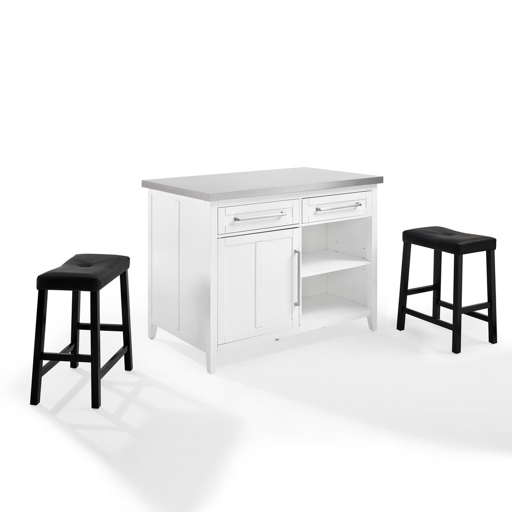 Silvia Stainless Steel Top Island W/Uph Saddle Stools, Kitchen Island & 2 Stools. Picture 14