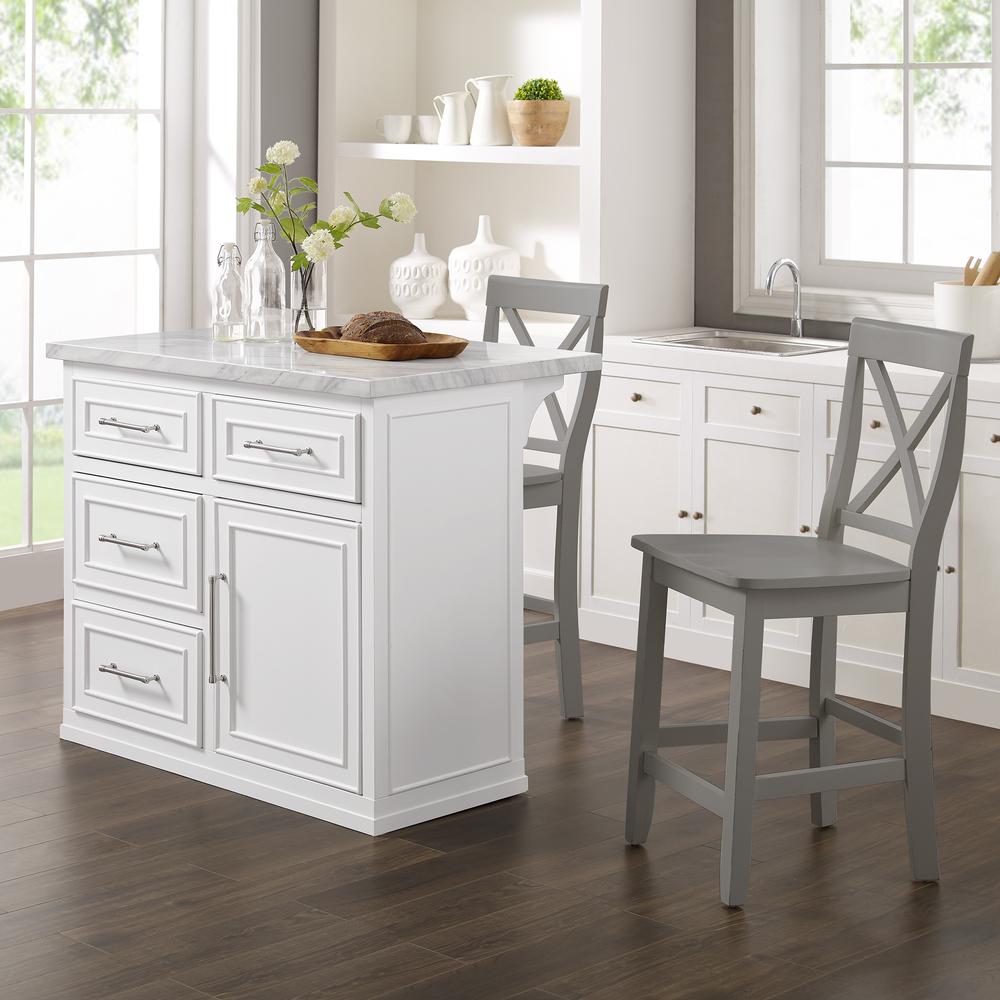 Cutler Faux Marble Top Kitchen Island W/X-Back Stools, Kitchen Island & 2 Stools. Picture 3