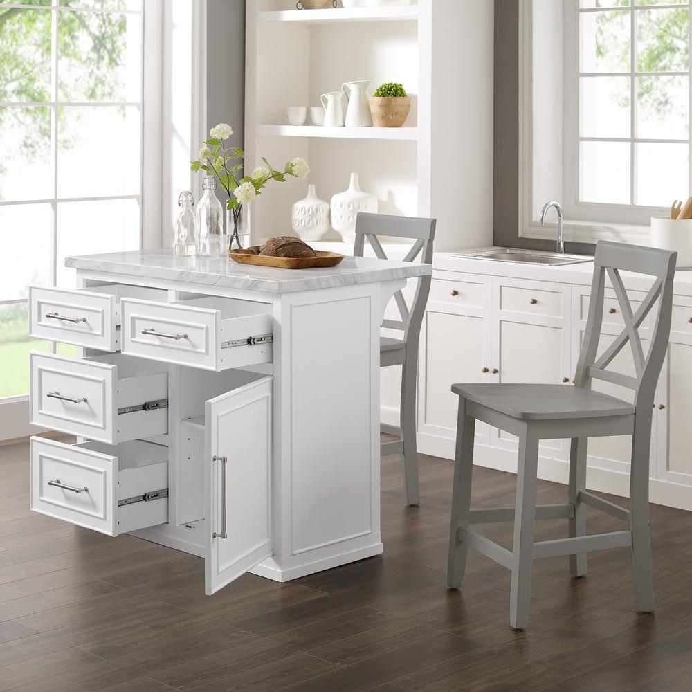 Cutler Faux Marble Top Kitchen Island W/X-Back Stools, Kitchen Island & 2 Stools. Picture 4