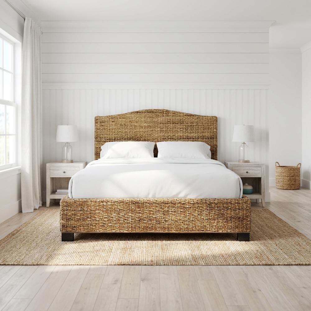 Rattan King Bed Frame with Headboard and Footboard in Natural Finish. Picture 2