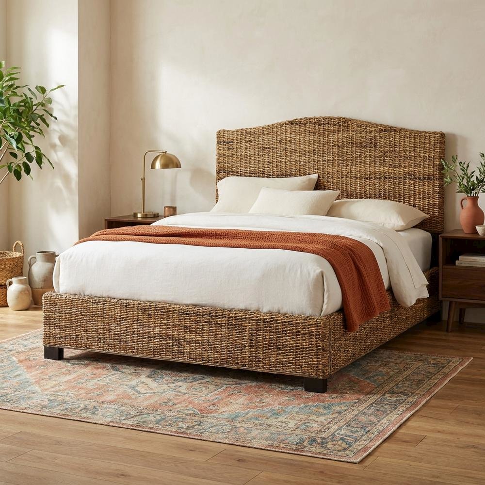 Rattan King Bed Frame with Headboard and Footboard in Natural Finish. Picture 3