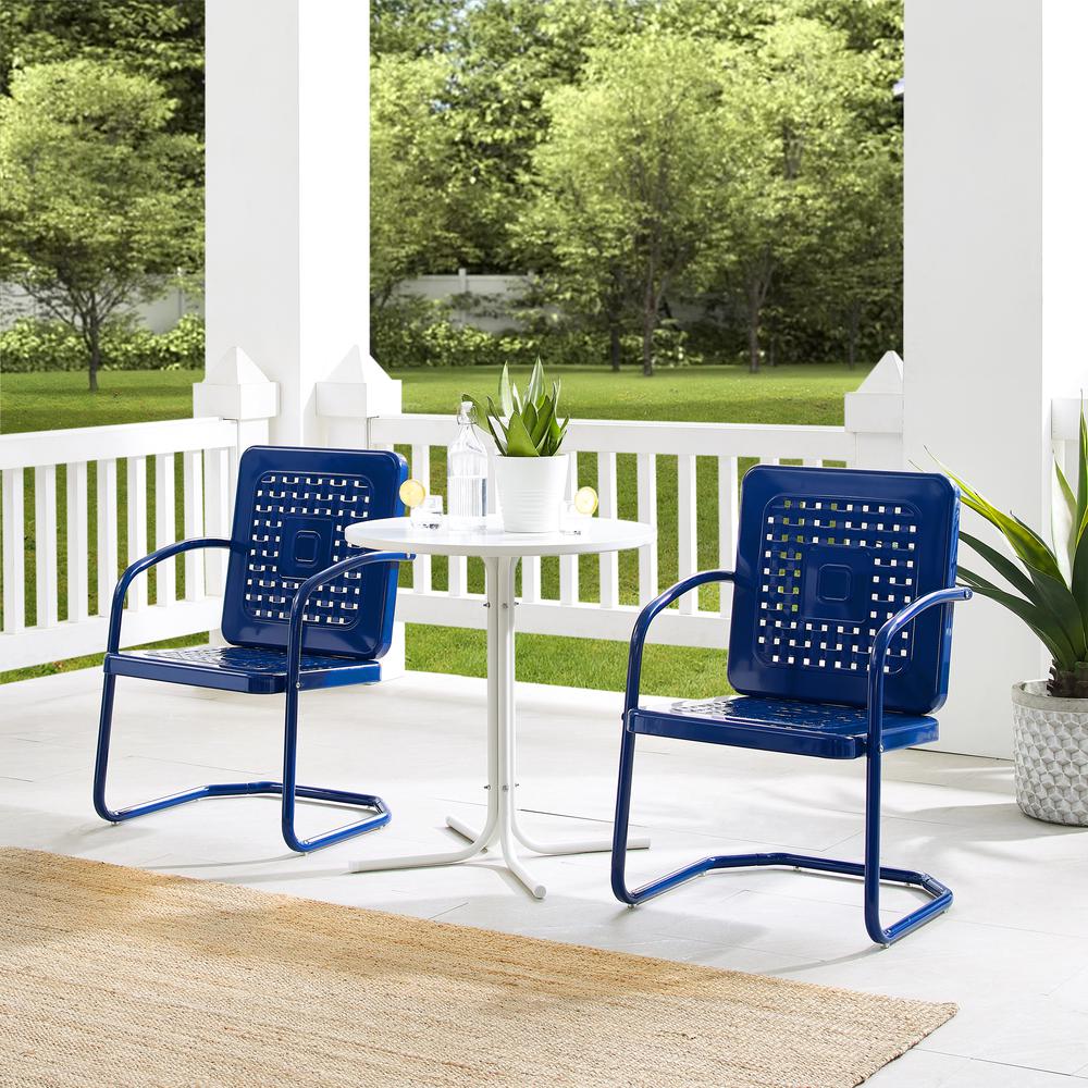 Bates 3Pc Outdoor Metal Bistro Set Navy Gloss/White Satin - Bistro Table & 2 Armchairs. Picture 1