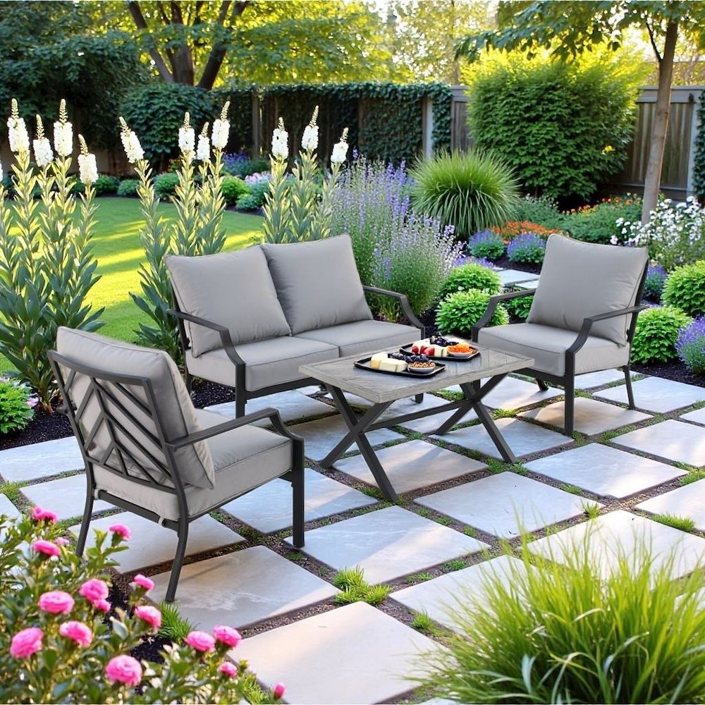 Gray Metal Patio Furniture 4 Piece Set with Loveseat, Chairs and Coffee Table. Picture 2