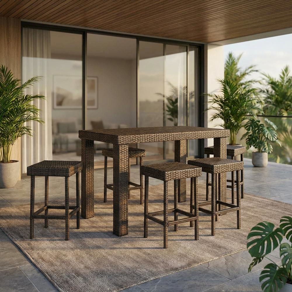 Counter Height Wicker Dining Set with 4 Stools and Table for Outdoor Use. Picture 3