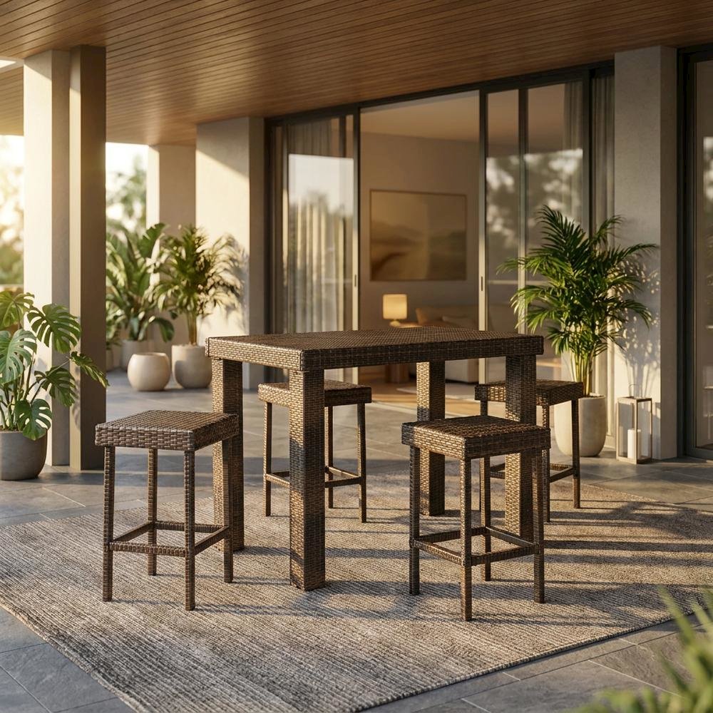 Counter Height Wicker Dining Set with 4 Stools and Table for Outdoor Use. Picture 4