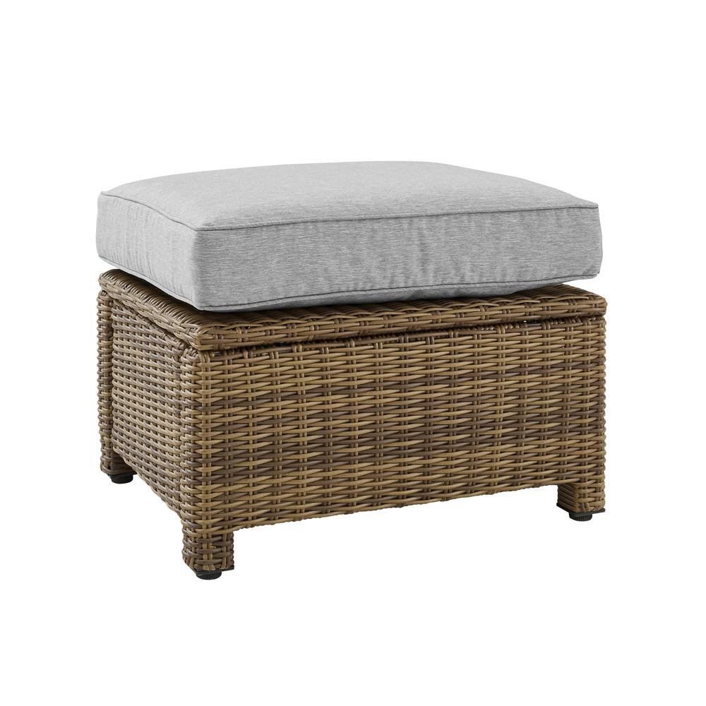 Brown Wicker Outdoor Ottoman with Gray Cushion – Foot Rest for Patio Lounging. Picture 1