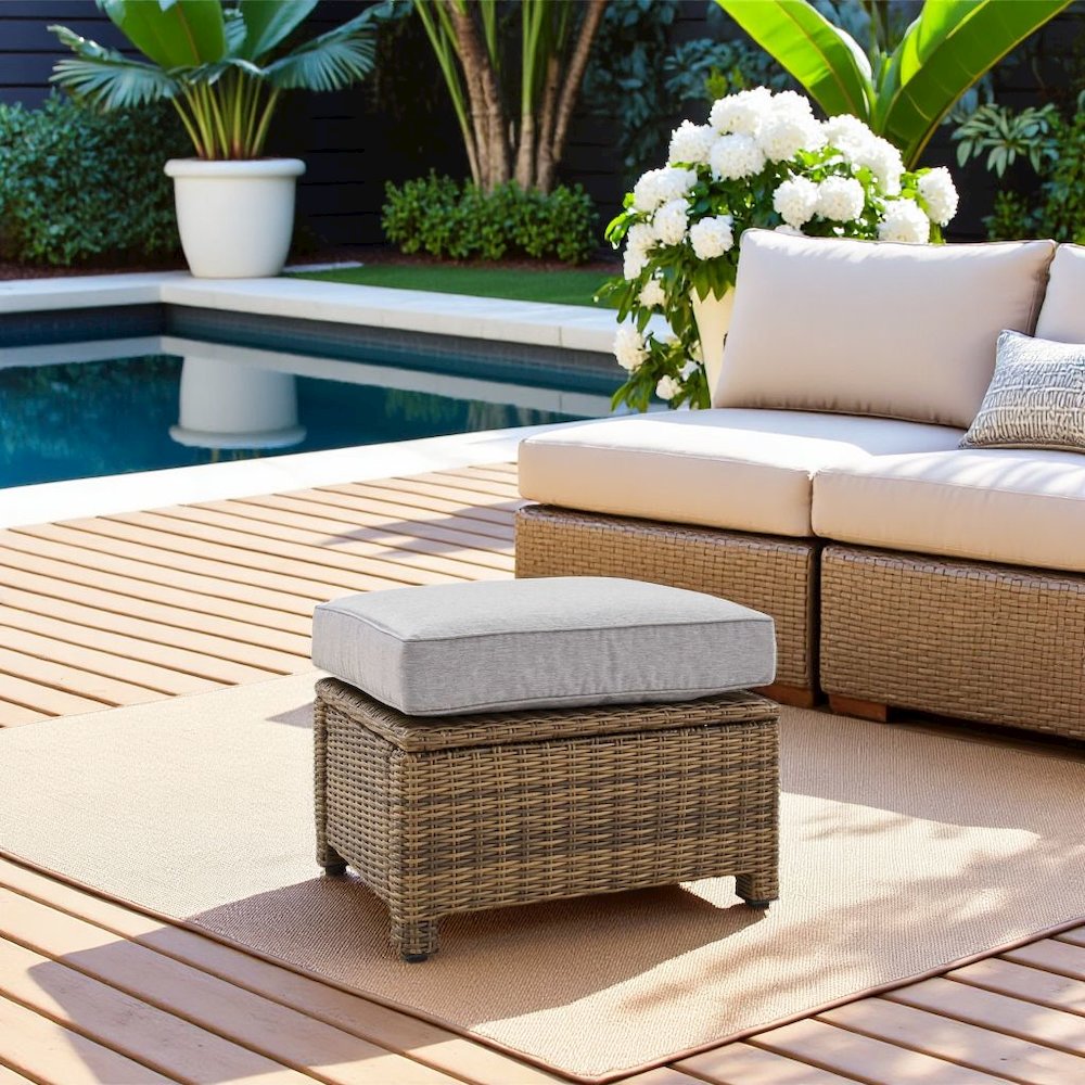 Brown Wicker Outdoor Ottoman with Gray Cushion – Foot Rest for Patio Lounging. Picture 3