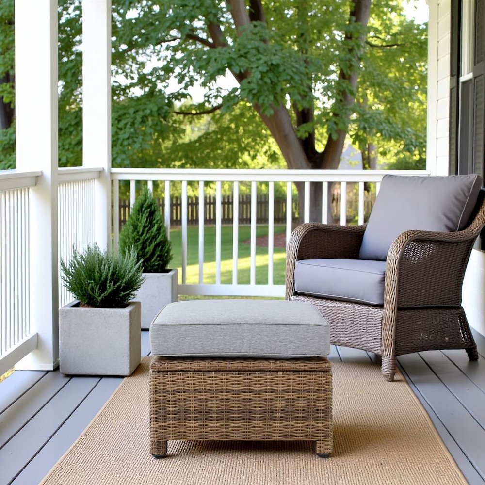 Brown Wicker Outdoor Ottoman with Gray Cushion – Foot Rest for Patio Lounging. Picture 2
