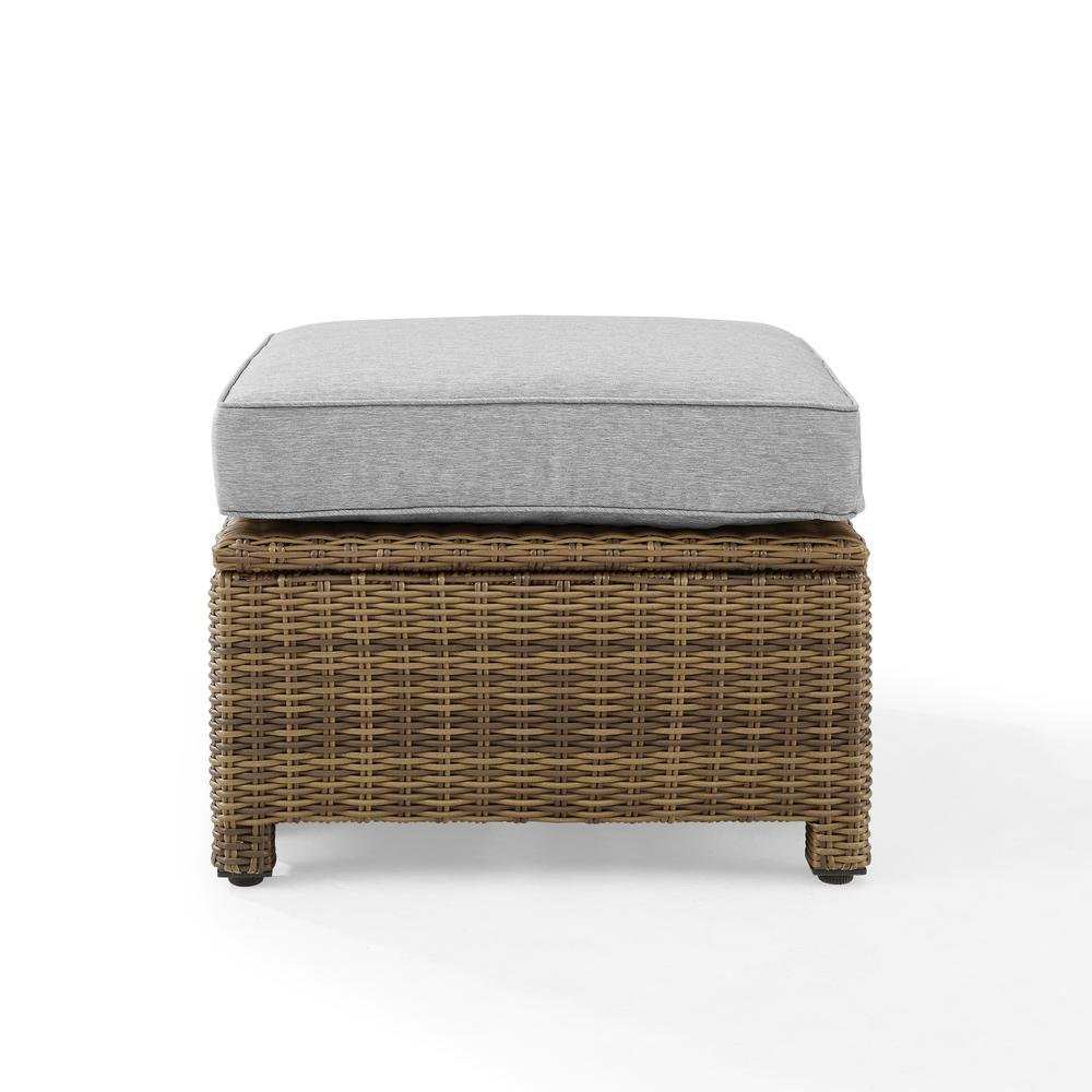 Brown Wicker Outdoor Ottoman with Gray Cushion – Foot Rest for Patio Lounging. Picture 4