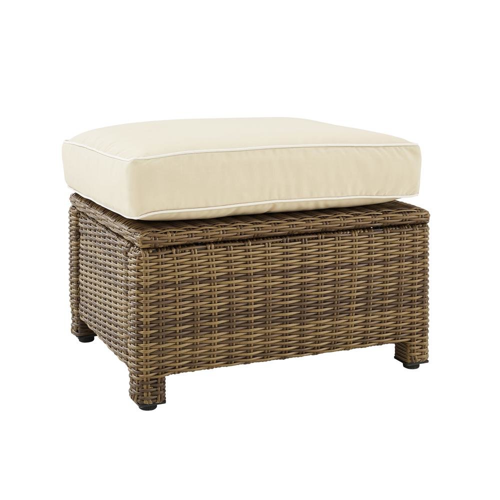 Brown Wicker Outdoor Ottoman with Sand Cushion – Foot Rest for Patio Lounging. Picture 1
