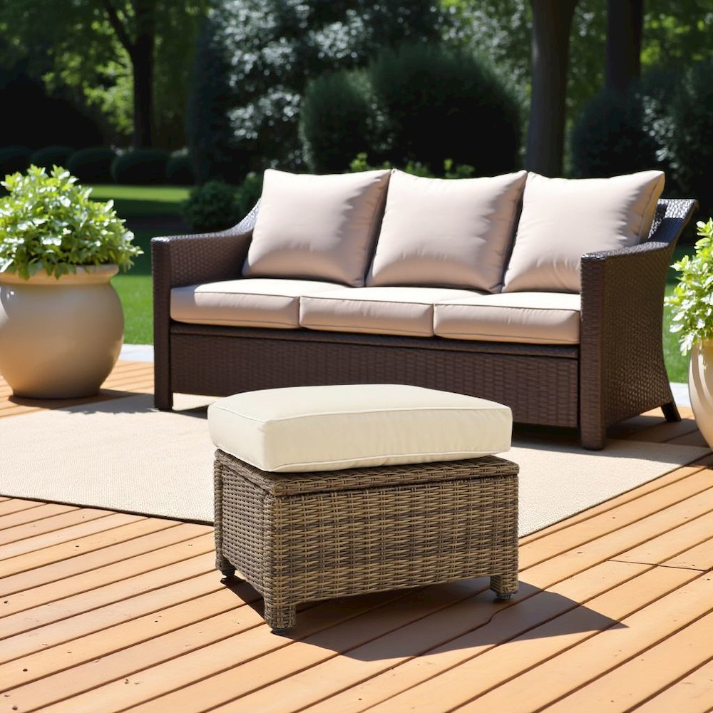 Brown Wicker Outdoor Ottoman with Sand Cushion – Foot Rest for Patio Lounging. Picture 2