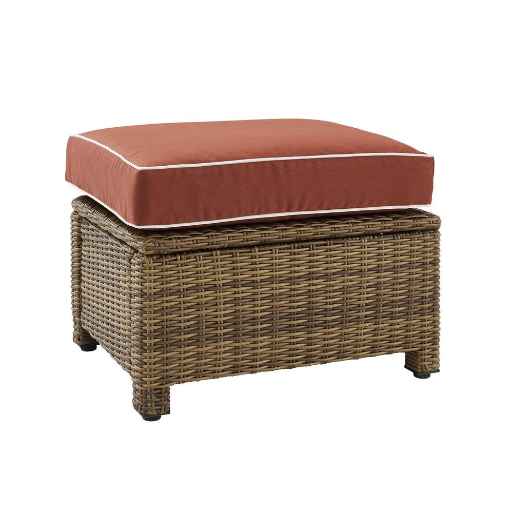 Brown Wicker Outdoor Ottoman with Sangria Cushion – Foot Rest for Patio Lounging. Picture 1