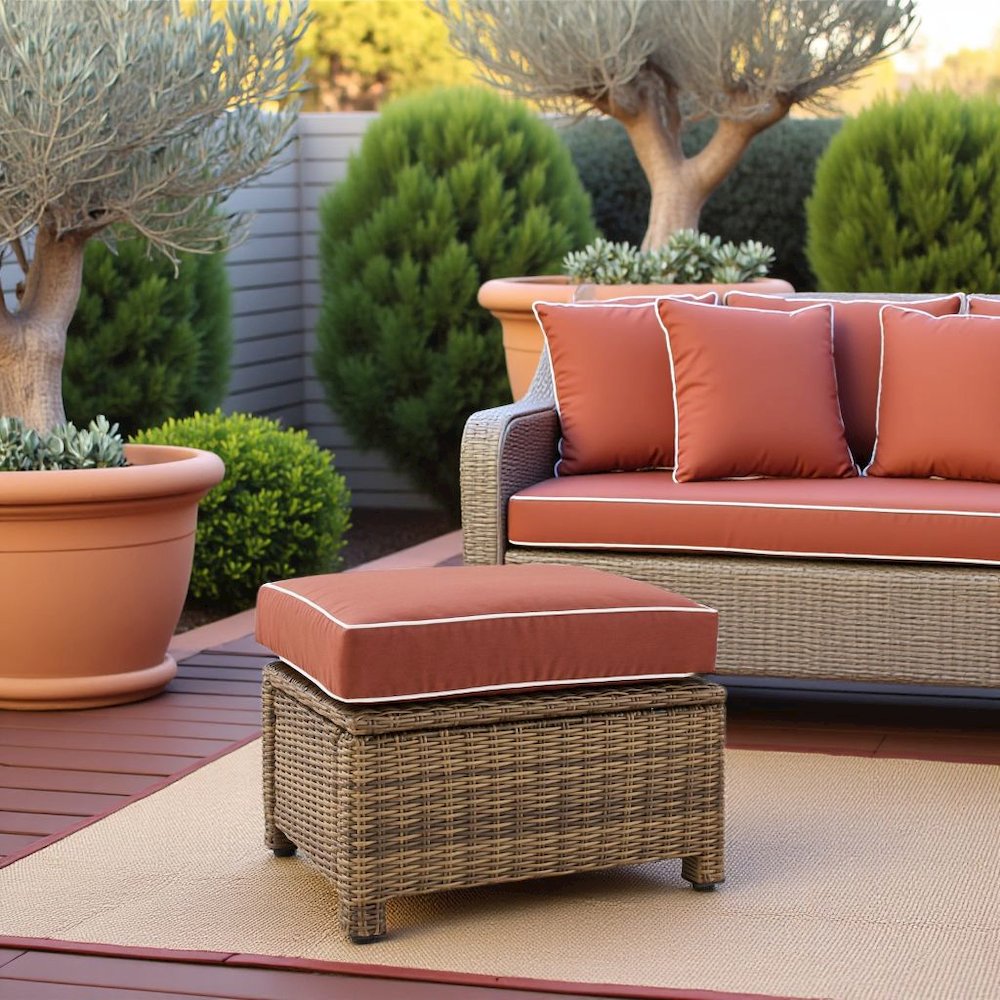 Brown Wicker Outdoor Ottoman with Sangria Cushion – Foot Rest for Patio Lounging. Picture 2