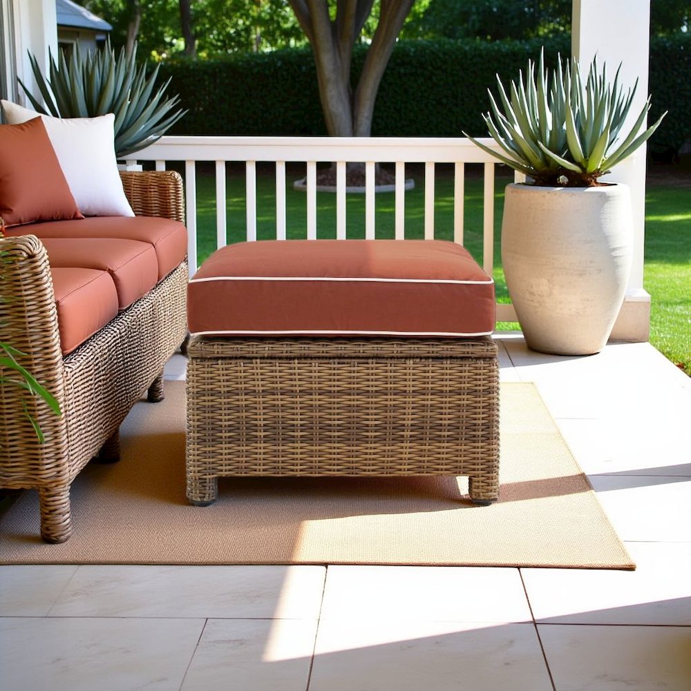 Brown Wicker Outdoor Ottoman with Sangria Cushion – Foot Rest for Patio Lounging. Picture 3