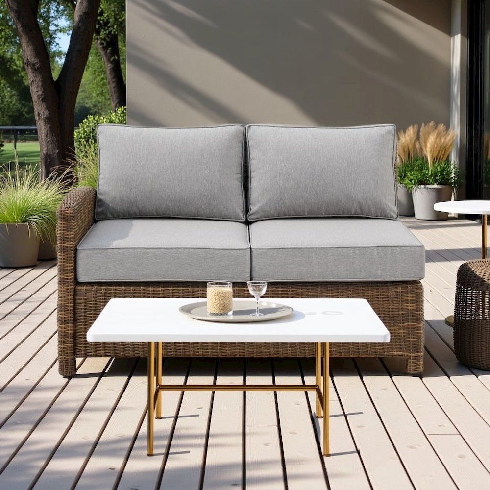 Left Side Outdoor Sectional Sofa with Brown Rattan and Gray Cushions. Picture 2