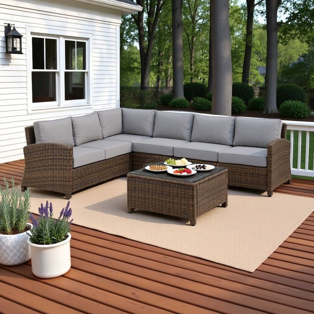 Outdoor Sectional Patio Furniture 5 Piece Set with Brown Wicker, Gray Cushions. Picture 3