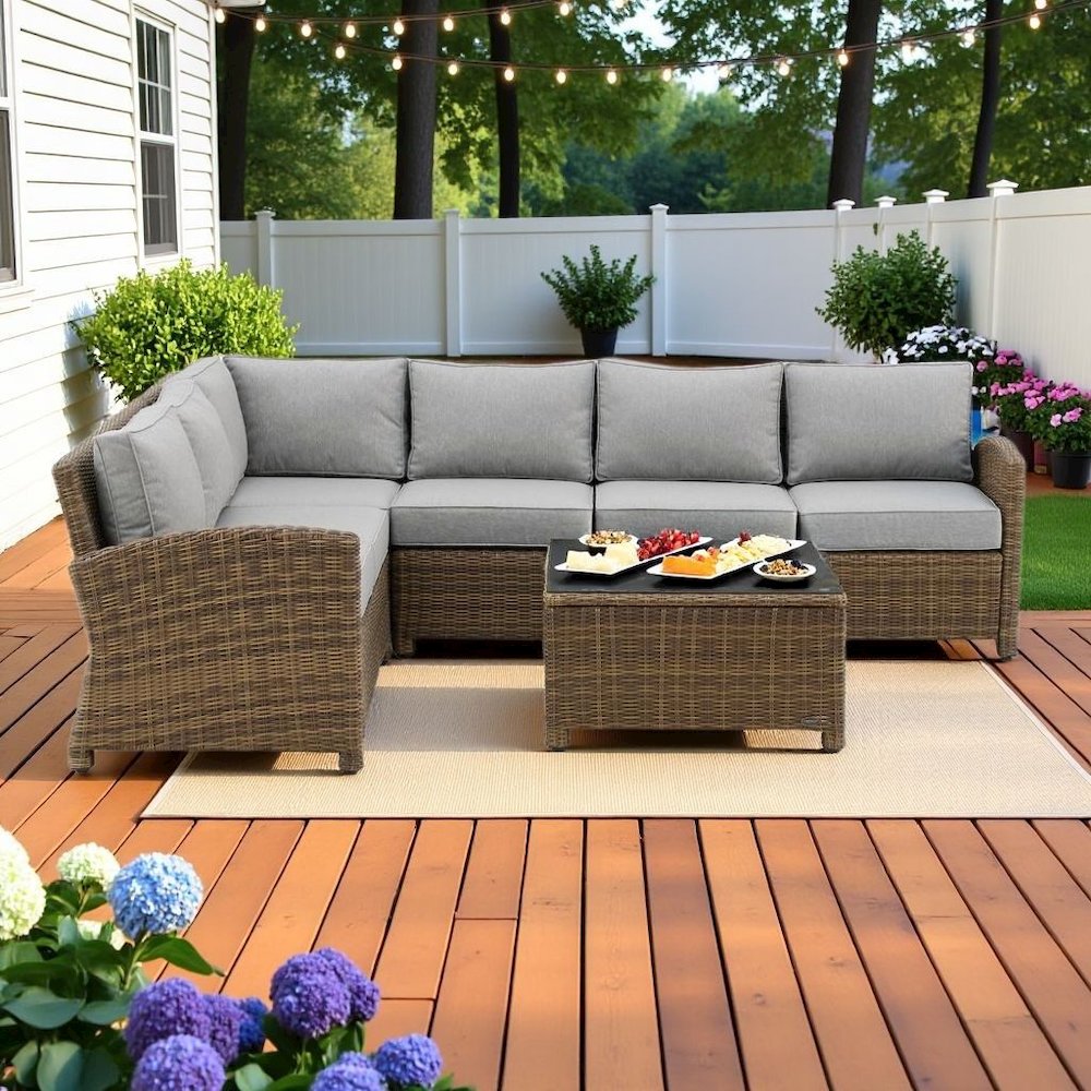 Outdoor Sectional Patio Furniture 5 Piece Set with Brown Wicker, Gray Cushions. Picture 2