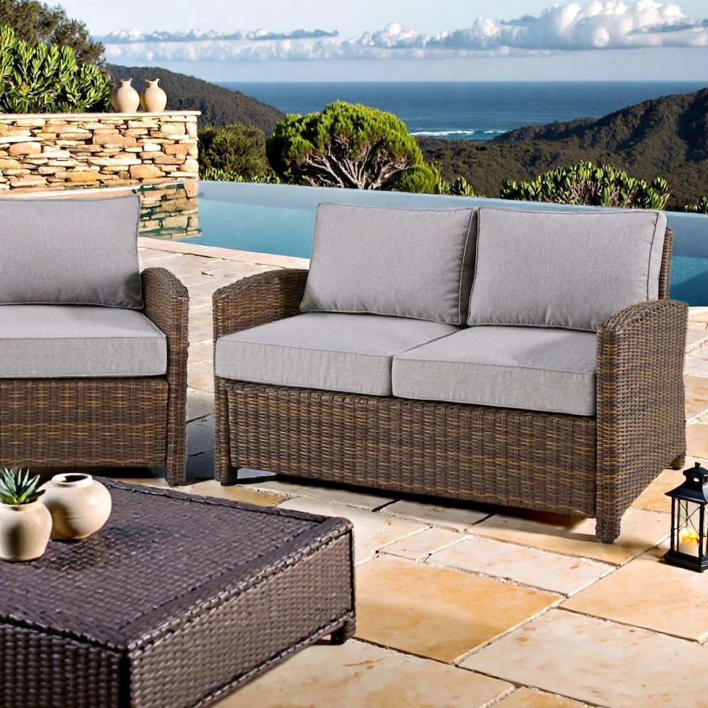 Brown Rattan Patio Furniture with Gray Cushions Outdoor Loveseat Patio Couch. Picture 2