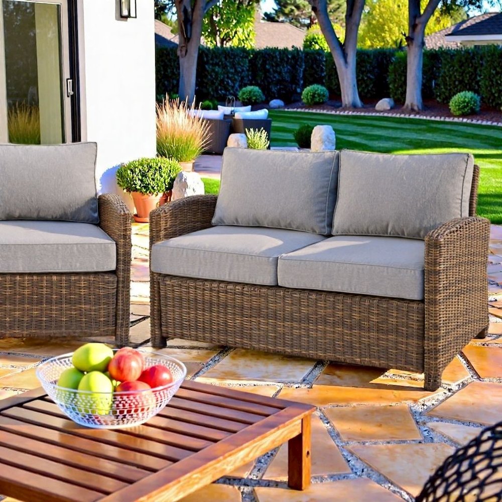 Brown Rattan Patio Furniture with Gray Cushions Outdoor Loveseat Patio Couch. Picture 3