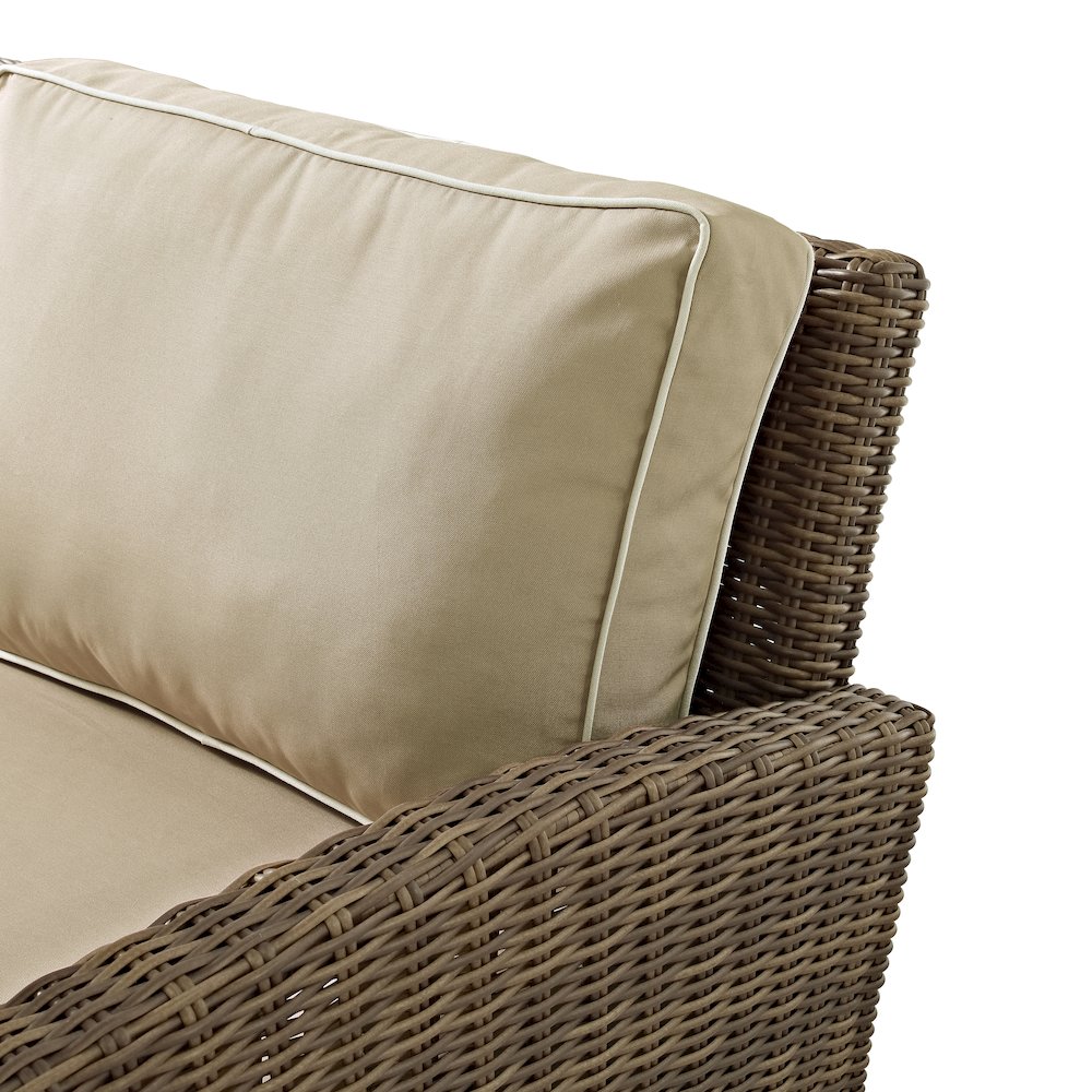 Outdoor Wicker Loveseat in Sand/Weathered Brown with Weather-Resistant Material. Picture 7