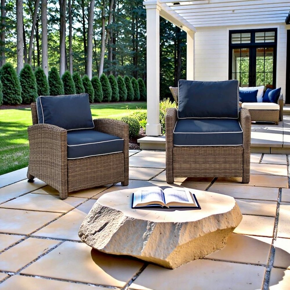 Wicker Patio Armchair with Navy Cushion for Outdoor Seating and Relaxation. Picture 3