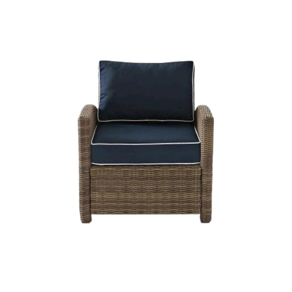 Wicker Patio Armchair with Navy Cushion for Outdoor Seating and Relaxation. Picture 4