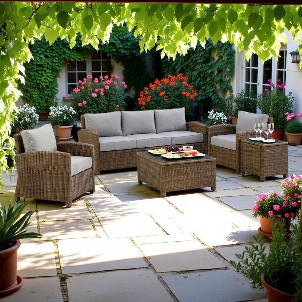 Brown Wicker Patio Furniture 5 Piece Set with Gray Cushions. Picture 2