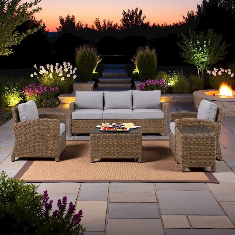 Brown Wicker Patio Furniture 5 Piece Set with Gray Cushions. Picture 3